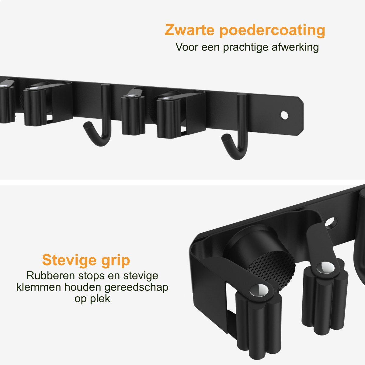  Volcan Bezemhouder - Bezem Ophangsysteem Tuingereedschap - Gereedschapshouder - Zelfklevend - 3M Tape - 3 Houders 4 Haken - RVS Zwart