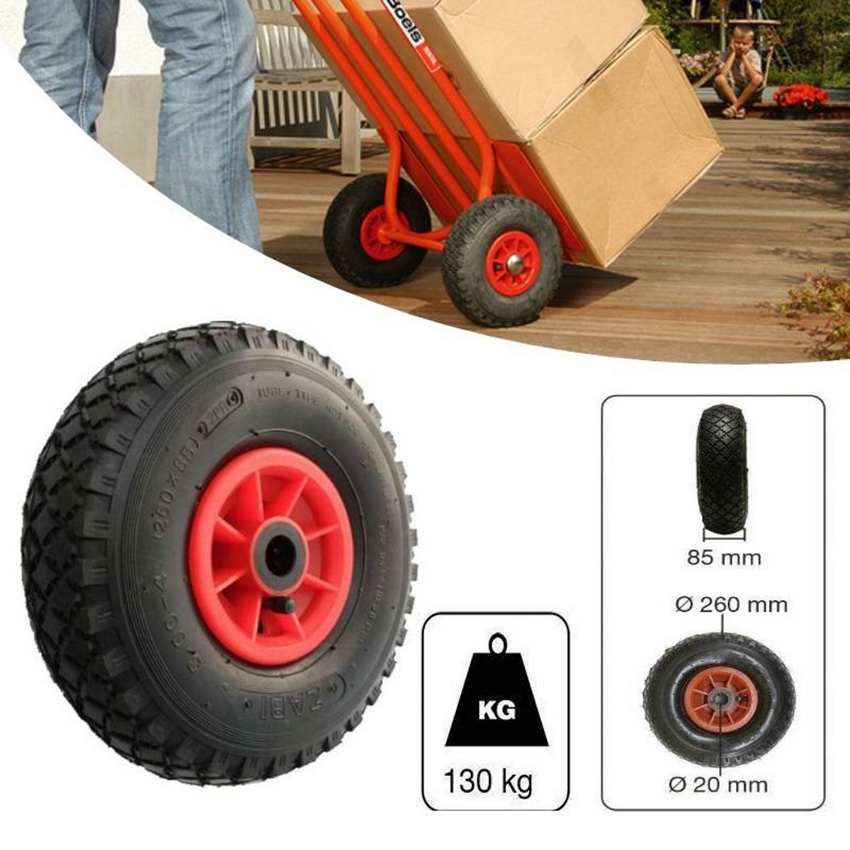 Benson Bolderkarwiel Steekwagenwiel Met Luchtband 3.00-4 | Asgatdiameter 20mm Rollager | Hoogte Wiel 26cm