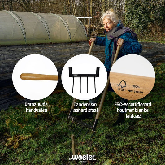  De Woeler - DW4 - Woelvork/!Grelinette - Spitvork/Tuinwoeler/Spade - Roestvrij - Ergonomisch - FSC Hout - 6 Jaar Garantie