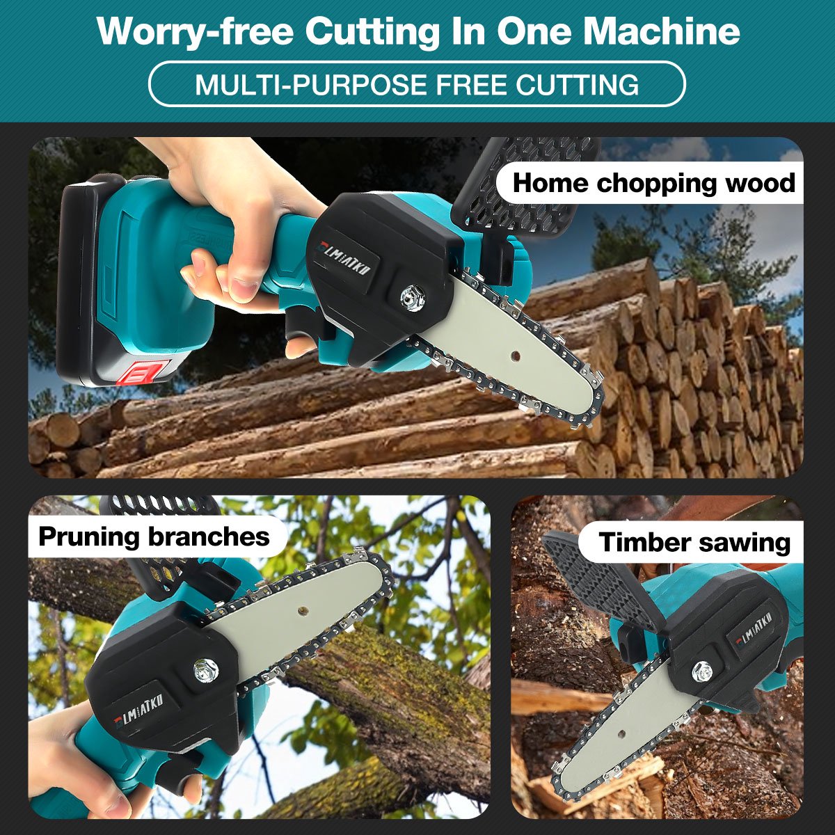 Merkloos Mini Accu Kettingzaag - 4 Inch Elektrische Boomzaag - Handkettingzaag - Met 2 Accu En 1 Oplader - Voor Tuinboom Ranch Bomen Snijden Hout- Blauw