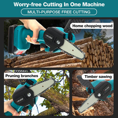 Merkloos Mini Accu Kettingzaag - 4 Inch Elektrische Boomzaag - Handkettingzaag - Met 2 Accu En 1 Oplader - Voor Tuinboom Ranch Bomen Snijden Hout- Blauw