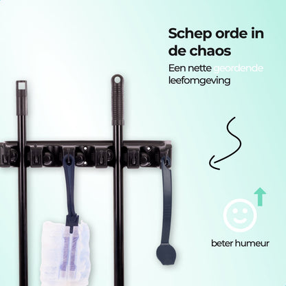  CLEANLY® Bezemhouder - Ophangsysteem Voor Tuingereedschap - Bezem Ophangsysteem - Gereedschapshouder Met Ophanghaken - ABS