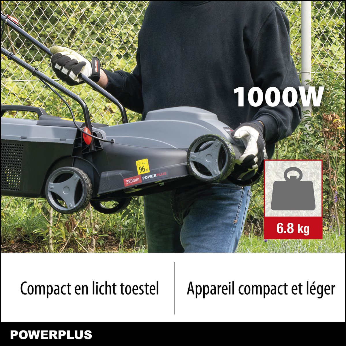  Powerplus POWEG63703 Elektrische Grasmaaier - Grasmachine Voor Kleine Tuin - 1000 W - 32cm Maaibreedte - 30L Opvangbak - Verstelbare Maaihoogte