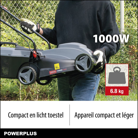  Powerplus POWEG63703 Elektrische Grasmaaier - Grasmachine Voor Kleine Tuin - 1000 W - 32cm Maaibreedte - 30L Opvangbak - Verstelbare Maaihoogte