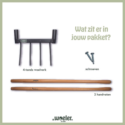  De Woeler - DW4 - Woelvork/!Grelinette - Spitvork/Tuinwoeler/Spade - Roestvrij - Ergonomisch - FSC Hout - 6 Jaar Garantie