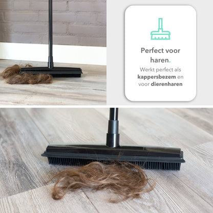  CLEANLY® Rubberen Bezem Met Vloerwisser - Kappersbezem - Zachte Bezem Binnen &amp; Buiten - Vloertrekker Met Steel - 68-150 Cm