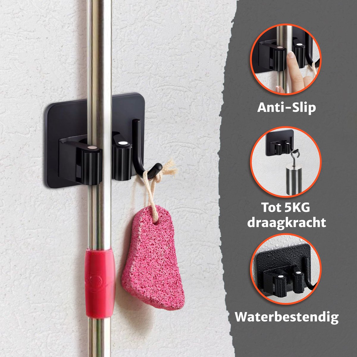  Victox Bezem Ophangsysteem – Ophanghaakjes Zelfklevend – Gereedschapshouder – Bezemhouder - Ophangsysteem - Ophanghaken - Wandhouder - Zwart (2-PACK)
