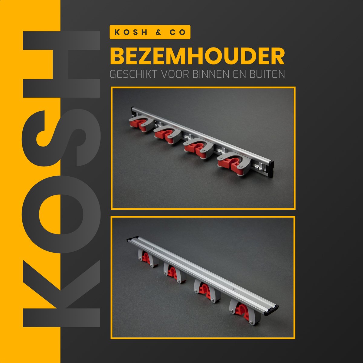 Merkloos Stevige Bezemhouder - Aluminium - Ophangsysteem Bezem - 5 Haken &amp; 4 Houders - Gereedschaphouder - Opbergsysteem