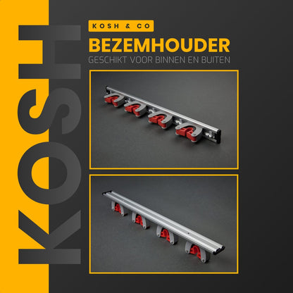 Merkloos Stevige Bezemhouder - Aluminium - Ophangsysteem Bezem - 5 Haken &amp; 4 Houders - Gereedschaphouder - Opbergsysteem