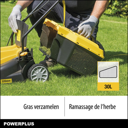 Powerplus POWXG6212T Elektrische Grasmaaier - Grasmachine Voor Kleine En Middelgrote Tuin - 1300W - Maaibreedte 320mm - Verstelbare Maaihoogte - 30L Opvangbak - Incl. Grastrimmer 250W