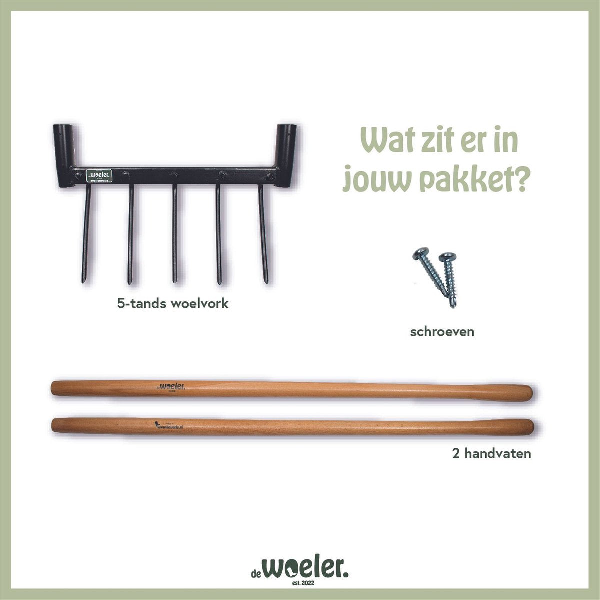  De Woeler - DW5 - Woelvork Grelinette - Spitvork/Tuinwoeler/Spade - Roestvrij - Ergonomisch - FSC Hout - 6 Jaar Garantie