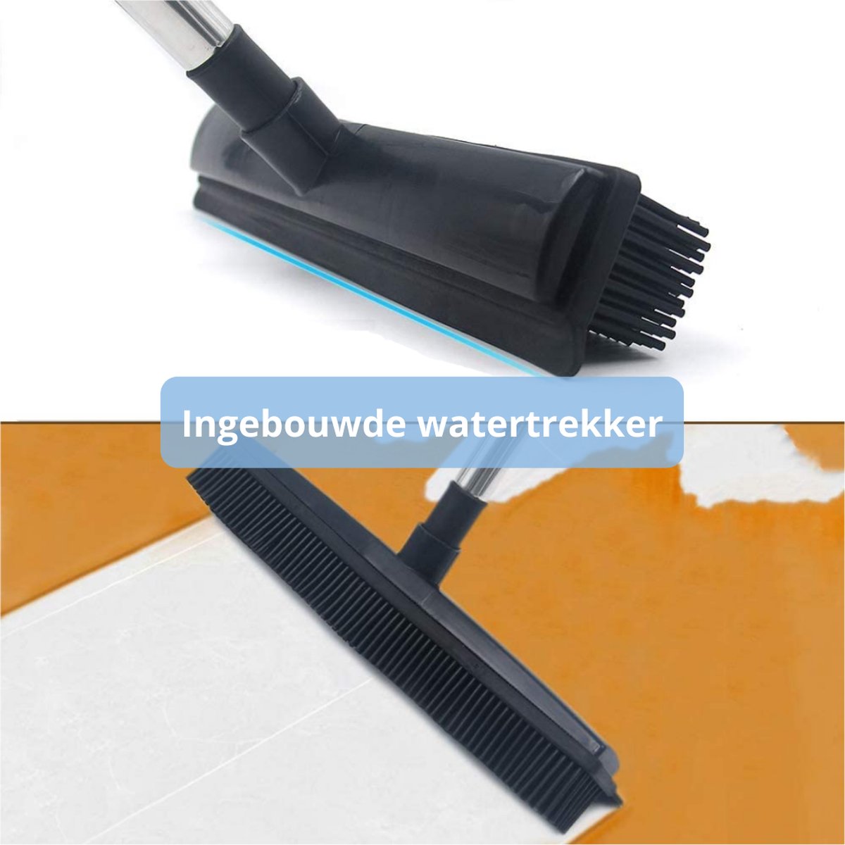  2 In 1 Rubberen Bezem – Bezem Binnen &amp; Buiten – Vloerwisser Met Steel - Met Huisdierhaar Verwijderaar - Vloertrekker – Veger - Extra Lang 160cm