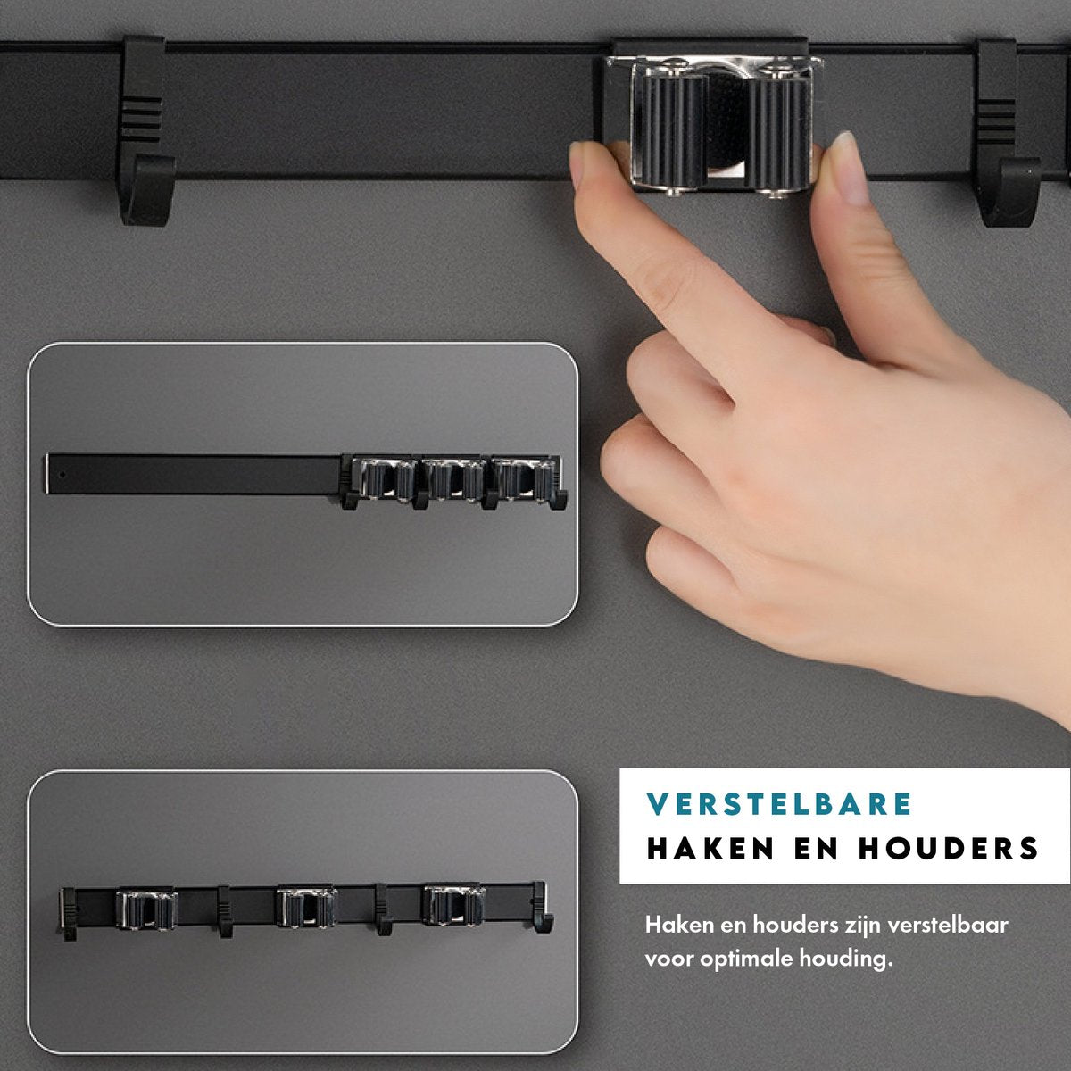  Vitasa - Luxe Bezemhouder - Bezem Ophangsysteem - Gereedschapshouder - Tuingereedschap - Verschuifbare Haken En Houders - Opbergsysteem - RVS Zwart