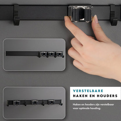  Vitasa - Luxe Bezemhouder - Bezem Ophangsysteem - Gereedschapshouder - Tuingereedschap - Verschuifbare Haken En Houders - Opbergsysteem - RVS Zwart