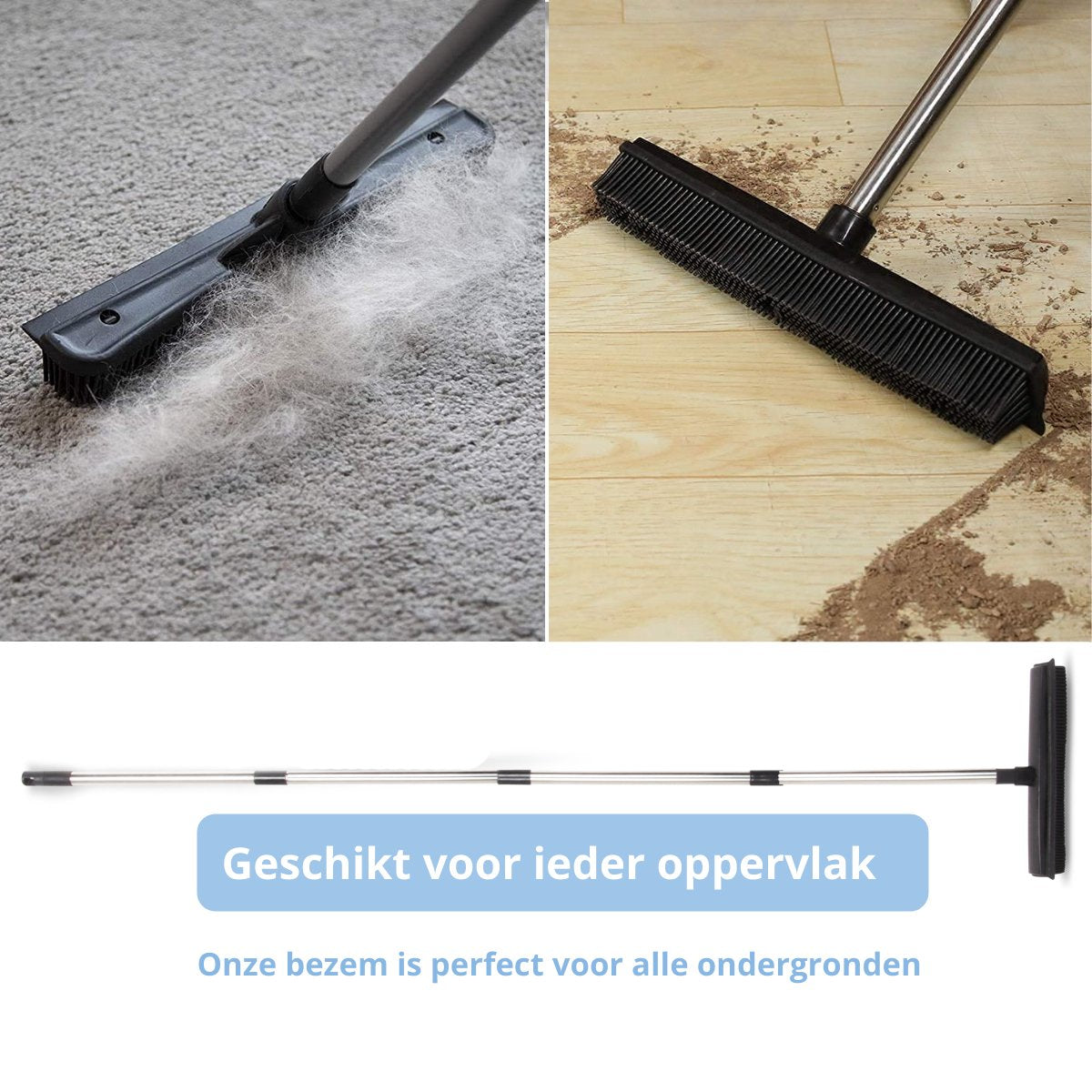  De Blaffende Kat 2 In 1 Rubberen Bezem – Bezem Binnen &amp; Buiten – Vloerwisser Met Steel - Vloertrekker – Veger - Extra Lang 160cm