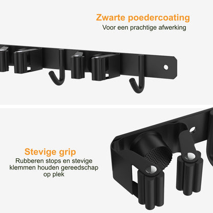  Volcan Bezemhouder - Bezem Ophangsysteem Tuingereedschap - Gereedschapshouder - Zelfklevend - 3M Tape - 5 Houders 6 Haken - RVS Zwart