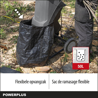  Powerplus POWEG5011 Elektrische Hakselaar Versnipperaar - 2400W - Max. Ø40mm - Incl. Duwstok, Wielen En 50L Opvangzak - Heggen, Bomen En Haag - Tuinonderhoud