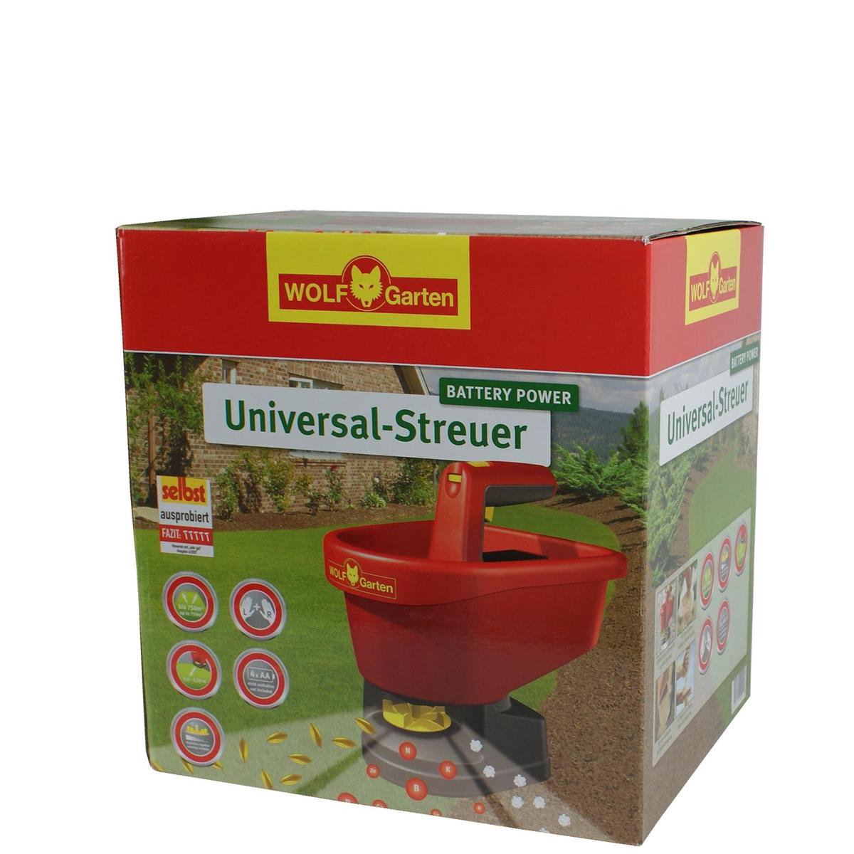  WOLF-Garten Universele Handstrooier WE-B - Strooibreedte Instelbaar 0.5 M-2.5m - Batterij Aandrijving - Inhoud 3 Liter