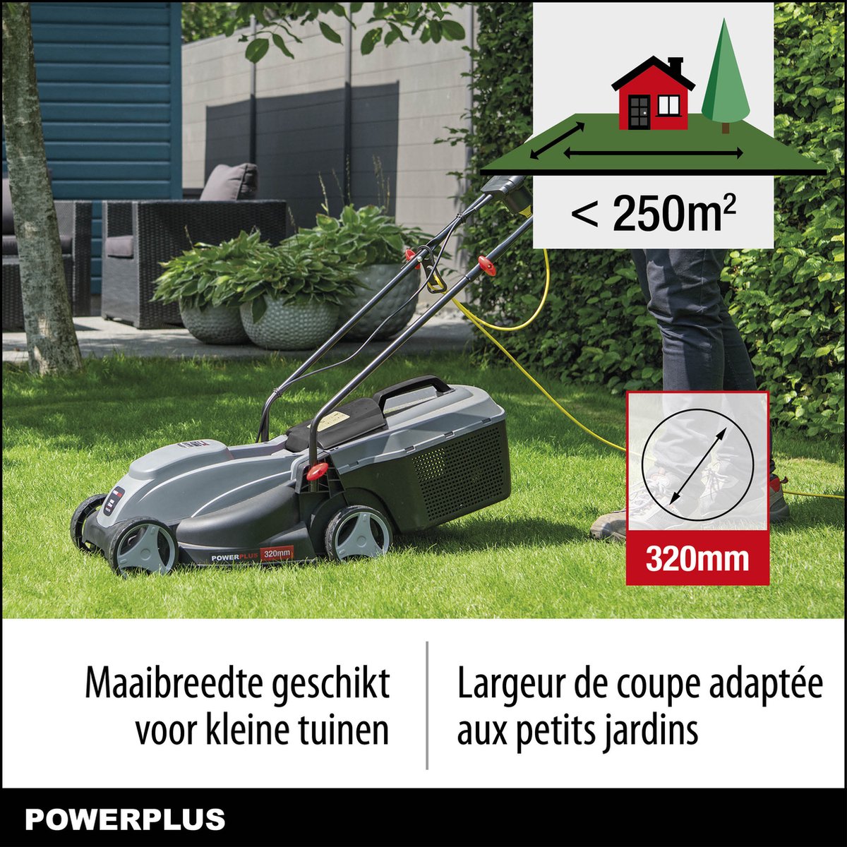  Powerplus POWEG63703 Elektrische Grasmaaier - Grasmachine Voor Kleine Tuin - 1000 W - 32cm Maaibreedte - 30L Opvangbak - Verstelbare Maaihoogte