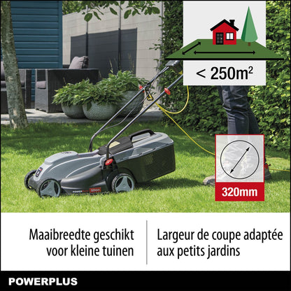  Powerplus POWEG63703 Elektrische Grasmaaier - Grasmachine Voor Kleine Tuin - 1000 W - 32cm Maaibreedte - 30L Opvangbak - Verstelbare Maaihoogte
