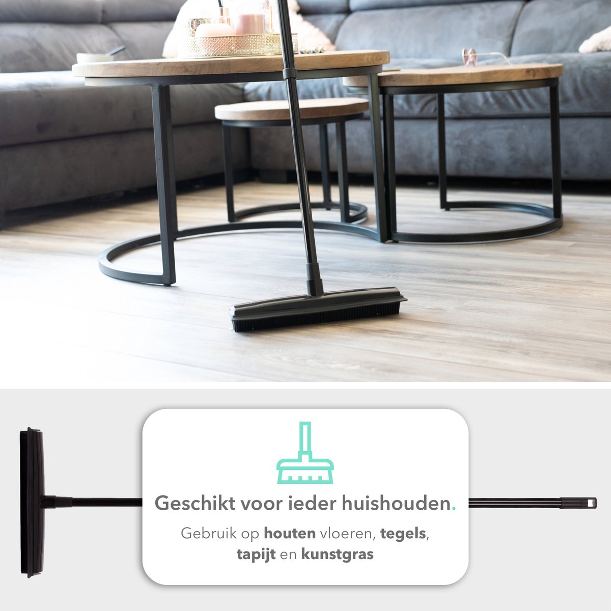  CLEANLY® Rubberen Bezem Met Vloerwisser – Kappersbezem – Zachte Bezem Binnen &amp; Buiten – Vloertrekker Met Steel – 68-120 Cm