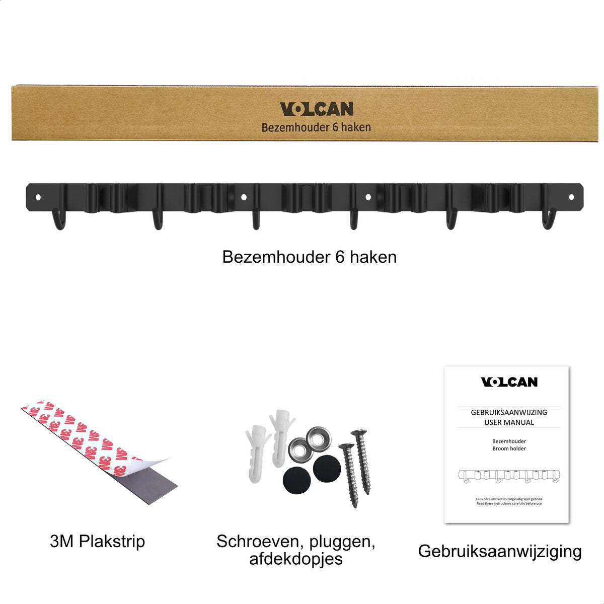  Volcan Bezemhouder - Bezem Ophangsysteem Tuingereedschap - Gereedschapshouder - Zelfklevend - 3M Tape - 5 Houders 6 Haken - RVS Zwart