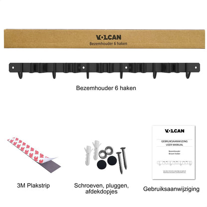  Volcan Bezemhouder - Bezem Ophangsysteem Tuingereedschap - Gereedschapshouder - Zelfklevend - 3M Tape - 5 Houders 6 Haken - RVS Zwart