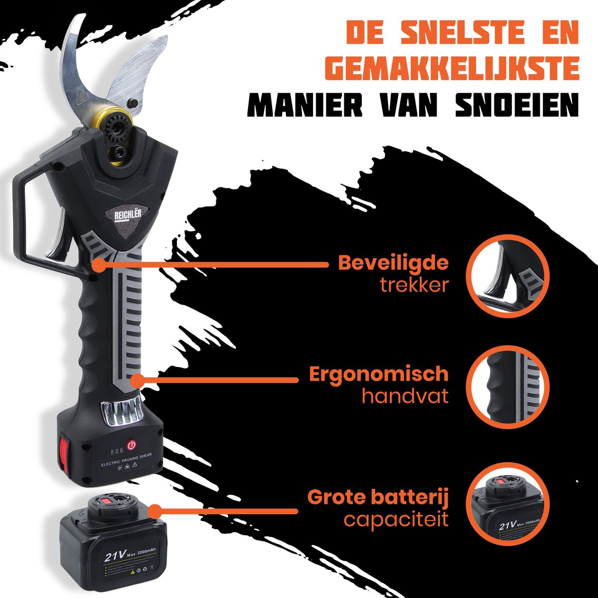  Reichlër® Elektrische Snoeischaar - 40 Mm Snijdiameter - 2x Accu - Anti-cut Functie - Heggenschaar - Takkenschaar - Zwart