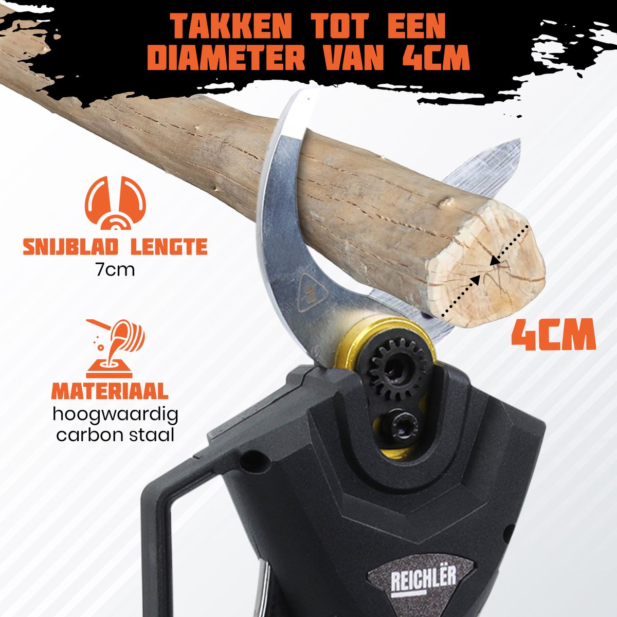  Reichlër® Elektrische Snoeischaar - 40 Mm Snijdiameter - 2x Accu - Anti-cut Functie - Heggenschaar - Takkenschaar - Zwart