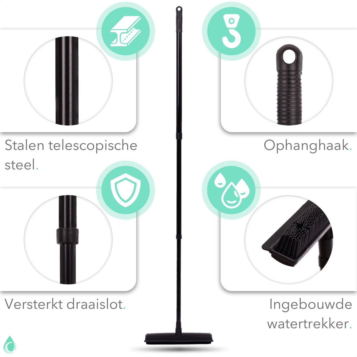  CLEANLY® Rubberen Bezem Met Vloerwisser - Kappersbezem - Zachte Bezem Binnen &amp; Buiten - Vloertrekker Met Steel - 68-150 Cm