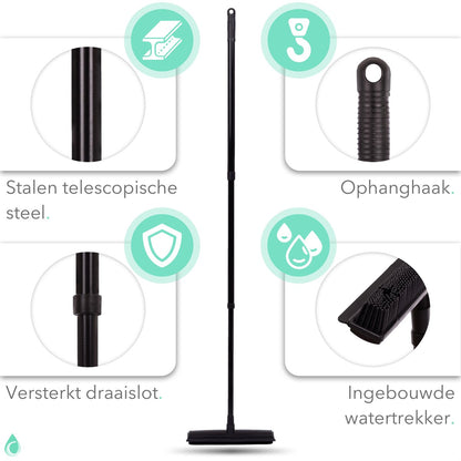  CLEANLY® Rubberen Bezem Met Vloerwisser - Kappersbezem - Zachte Bezem Binnen &amp; Buiten - Vloertrekker Met Steel - 68-150 Cm