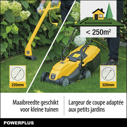  Powerplus POWXG6212T Elektrische Grasmaaier - Grasmachine Voor Kleine En Middelgrote Tuin - 1300W - Maaibreedte 320mm - Verstelbare Maaihoogte - 30L Opvangbak - Incl. Grastrimmer 250W
