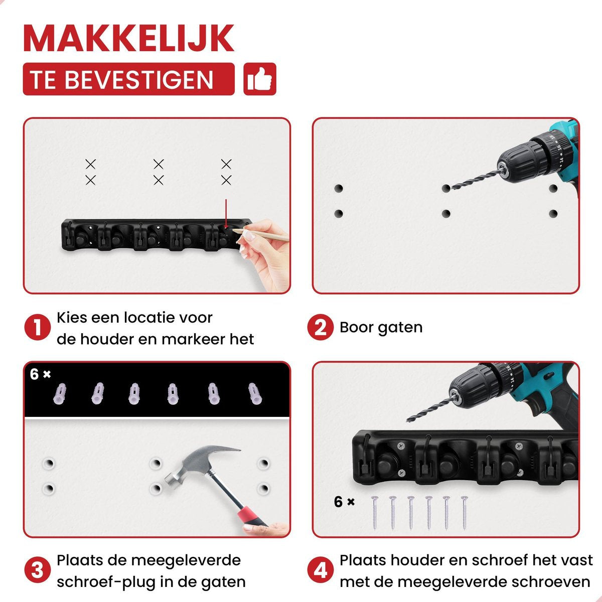  Zeer Stevig Ophangsysteem Bezem En Tuingereedschap - Bezemhouder Voor 5 Stelen Ophangen - Wandhouder - Gereedschapshouder