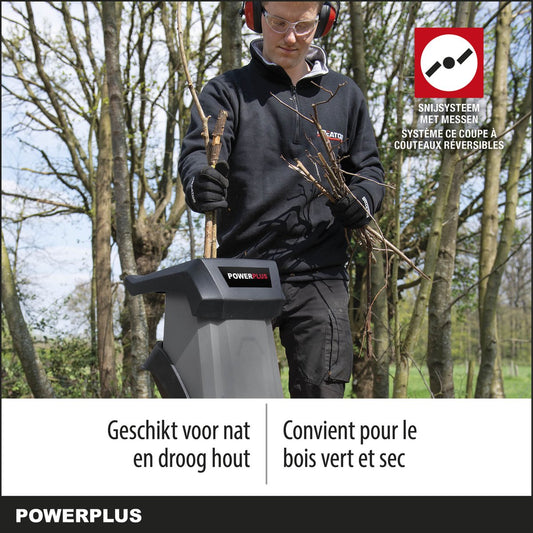  Powerplus POWEG5011 Elektrische Hakselaar Versnipperaar - 2400W - Max. Ø40mm - Incl. Duwstok, Wielen En 50L Opvangzak - Heggen, Bomen En Haag - Tuinonderhoud
