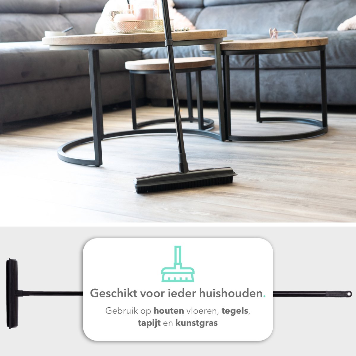  CLEANLY® Rubberen Bezem Met Vloerwisser - Kappersbezem - Zachte Bezem Binnen &amp; Buiten - Vloertrekker Met Steel - 68-150 Cm