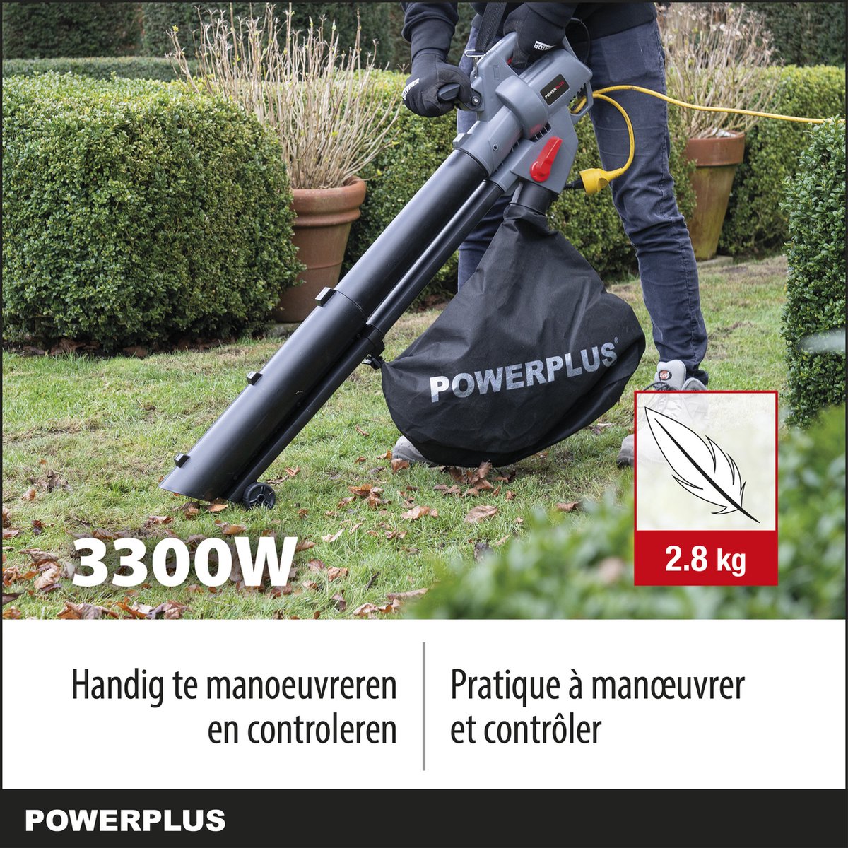  Powerplus POWEG9013 Elektrische Bladblazer - Bladzuiger En -versnipperaar - 3300W - Blazen - Zuigen - Versnipperen - Incl. 40L Opvangzak