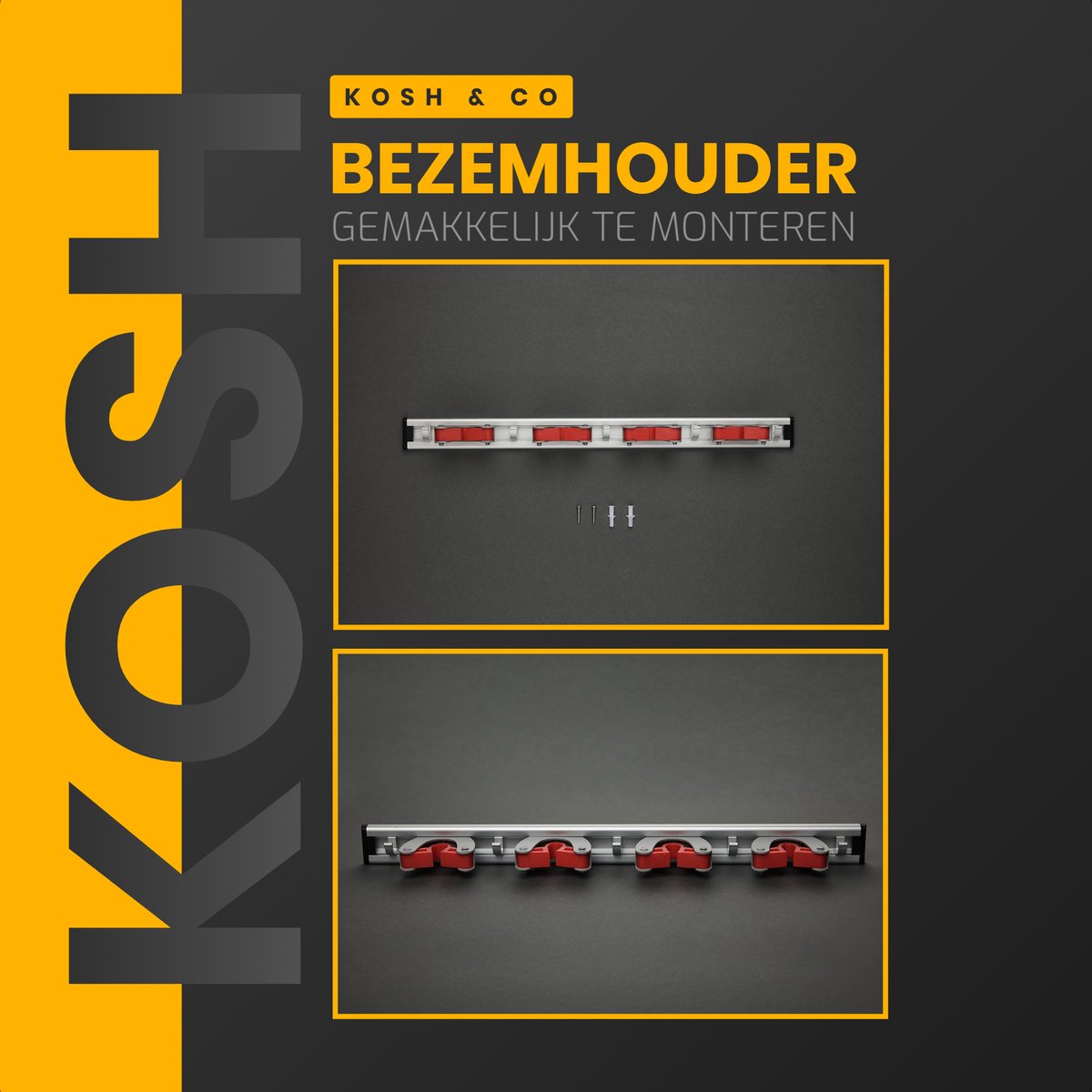 Merkloos Stevige Bezemhouder - Aluminium - Ophangsysteem Bezem - 5 Haken &amp; 4 Houders - Gereedschaphouder - Opbergsysteem