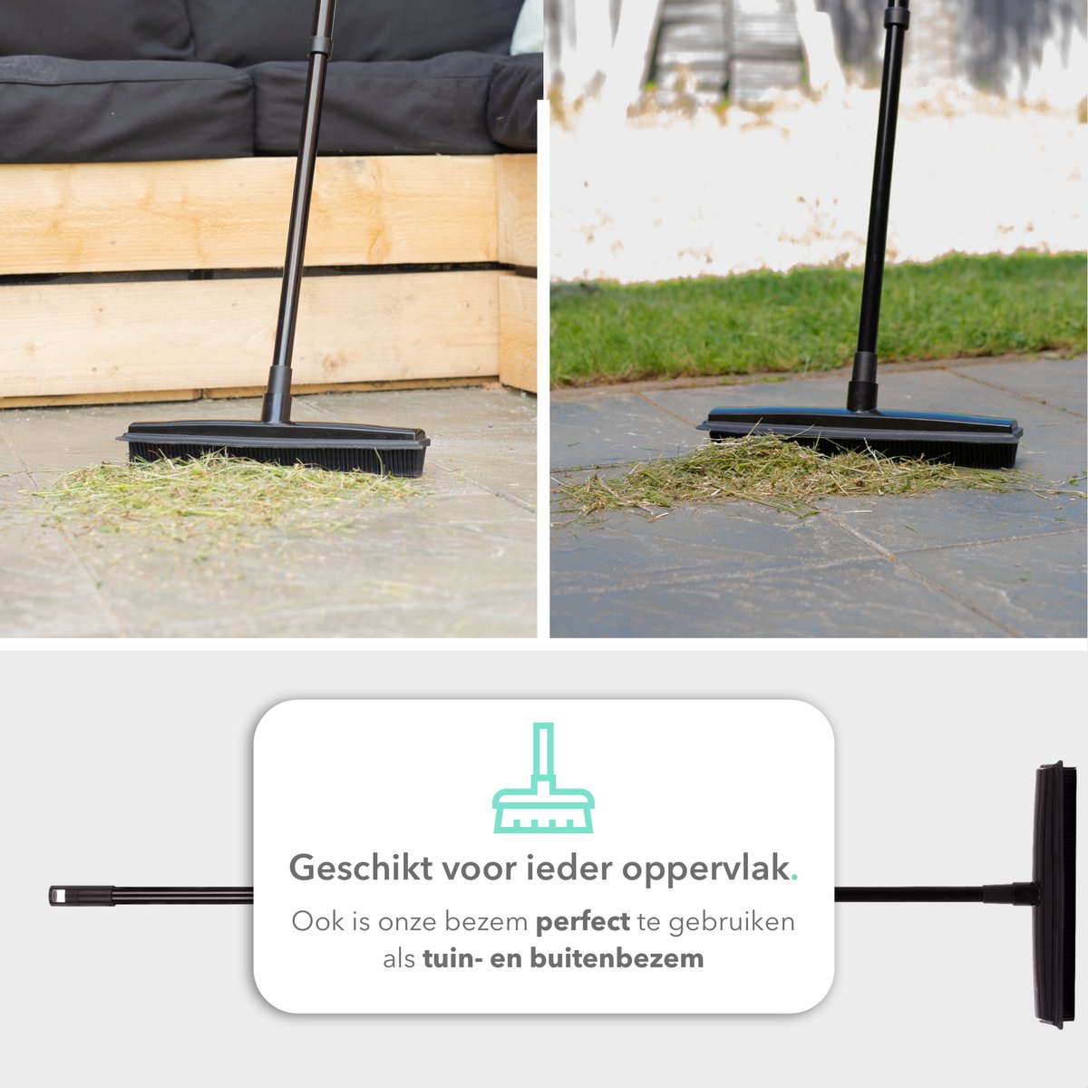  CLEANLY® Rubberen Bezem Met Vloerwisser – Kappersbezem – Zachte Bezem Binnen &amp; Buiten – Vloertrekker Met Steel – 68-120 Cm