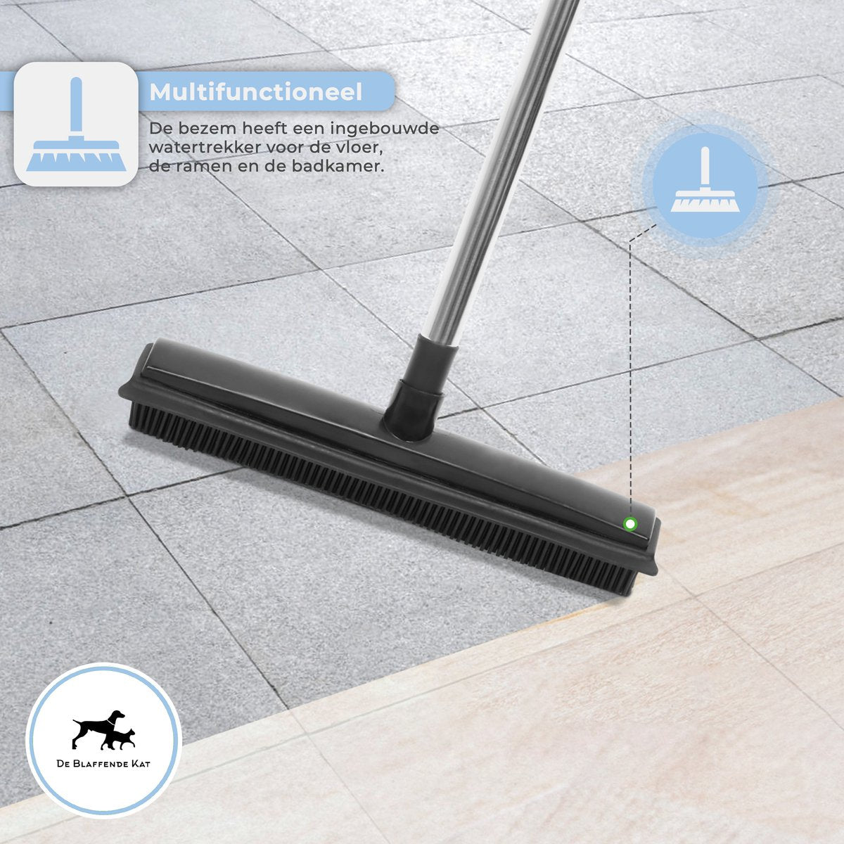  De Blaffende Kat 2 In 1 Rubberen Bezem – Bezem Binnen &amp; Buiten – Vloerwisser Met Steel - Vloertrekker – Veger - Extra Lang 160cm