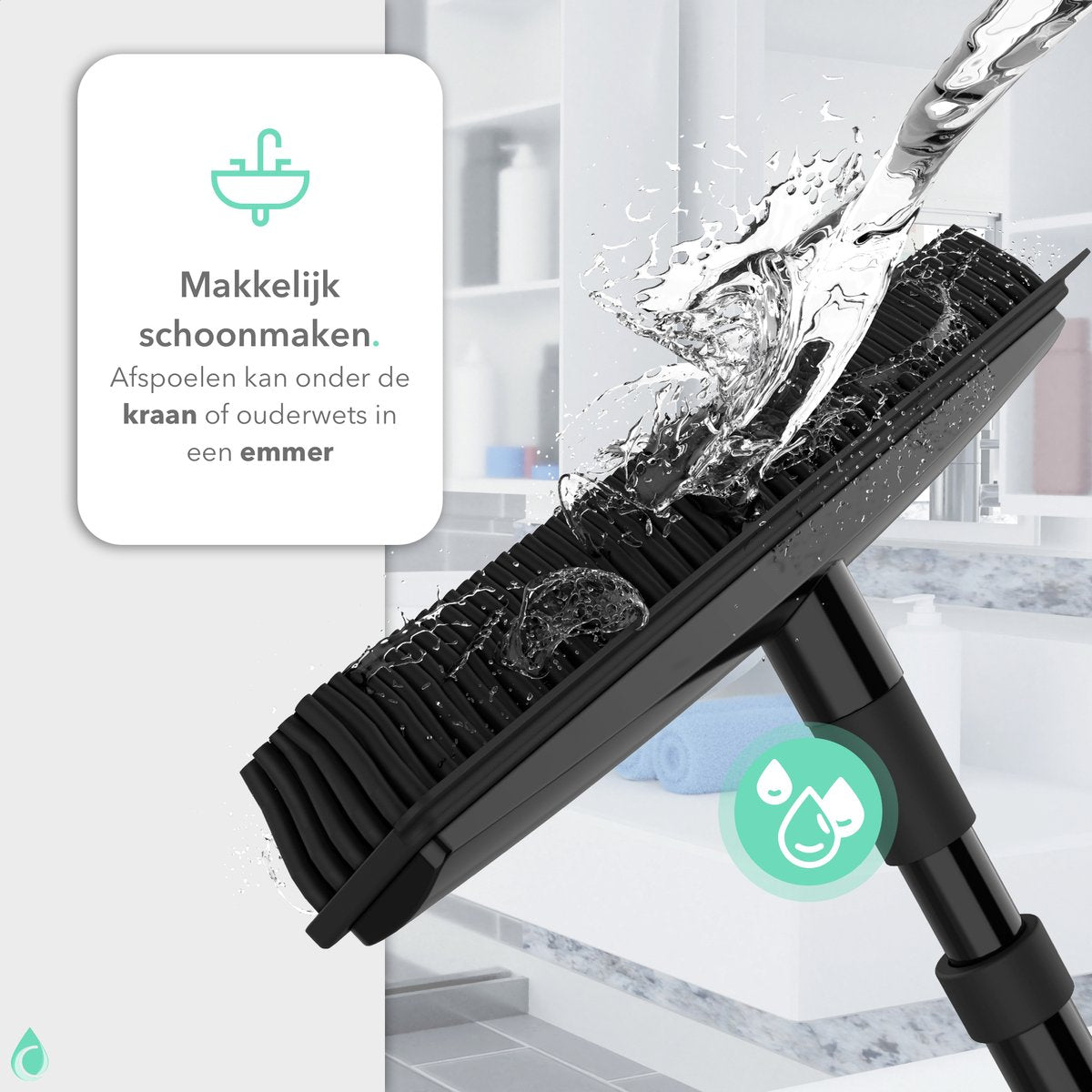  CLEANLY® Rubberen Bezem Met Vloerwisser – Kappersbezem – Zachte Bezem Binnen &amp; Buiten – Vloertrekker Met Steel – 68-120 Cm