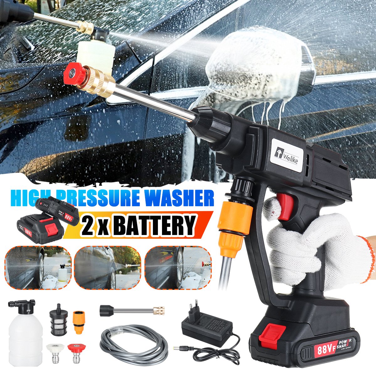 Merkloos Elektrische Accu-Hogedrukreiniger - 20Bar - Multifunctioneel Mondstuk - Draagbaar Oplaadbaar Snoerloos - Reinigingsspuitpistool - Met Rijke Accessoires - Voor Makita 18V-batterij - Voor Auto, Tuin, Terras, Raam (Zwart)