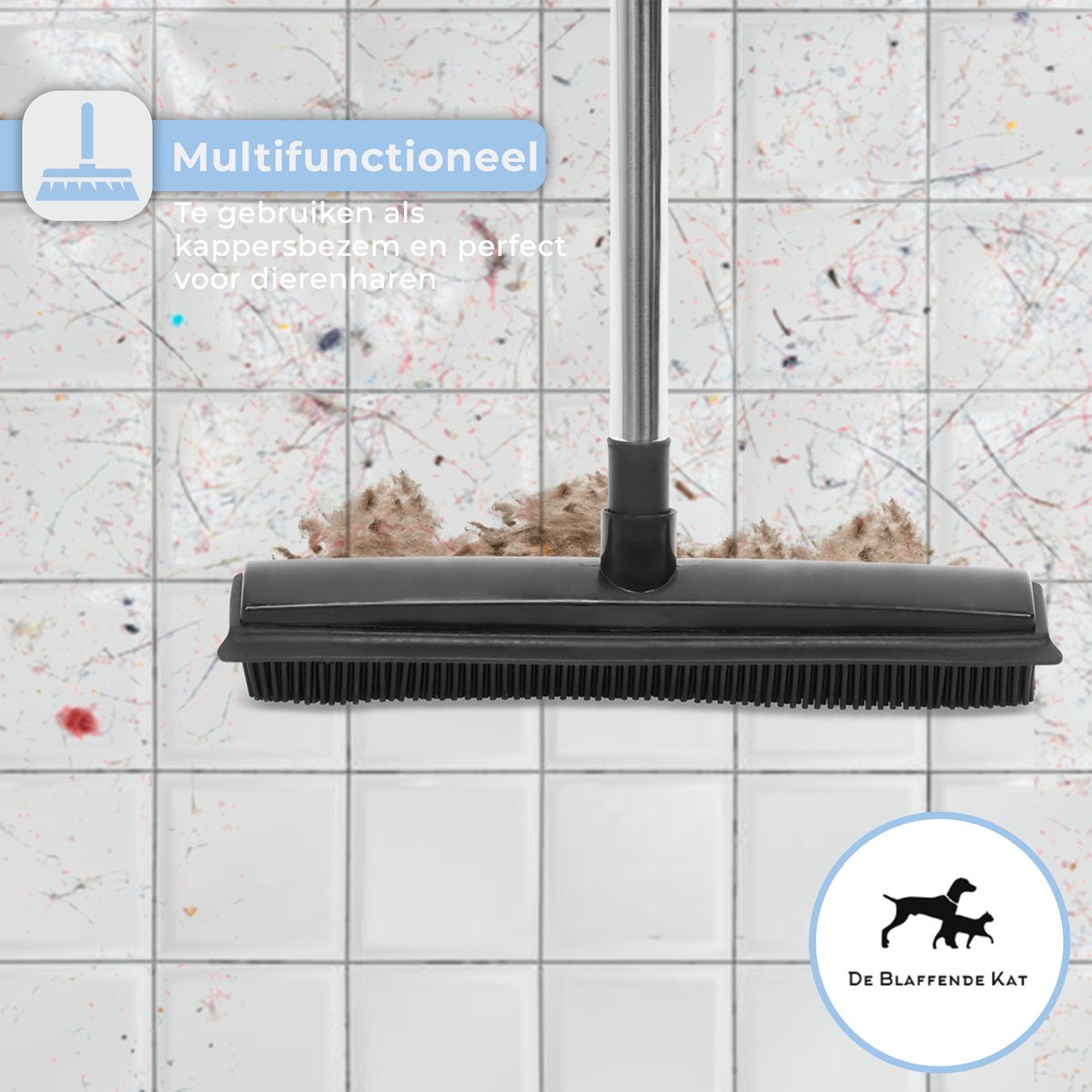  2 In 1 Rubberen Bezem – Bezem Binnen &amp; Buiten – Vloerwisser Met Steel - Met Huisdierhaar Verwijderaar - Vloertrekker – Veger - Extra Lang 160cm