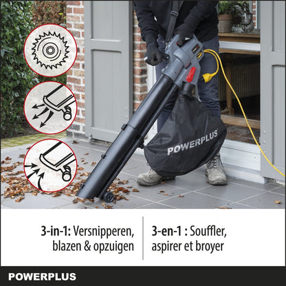  Powerplus POWEG9013 Elektrische Bladblazer - Bladzuiger En -versnipperaar - 3300W - Blazen - Zuigen - Versnipperen - Incl. 40L Opvangzak