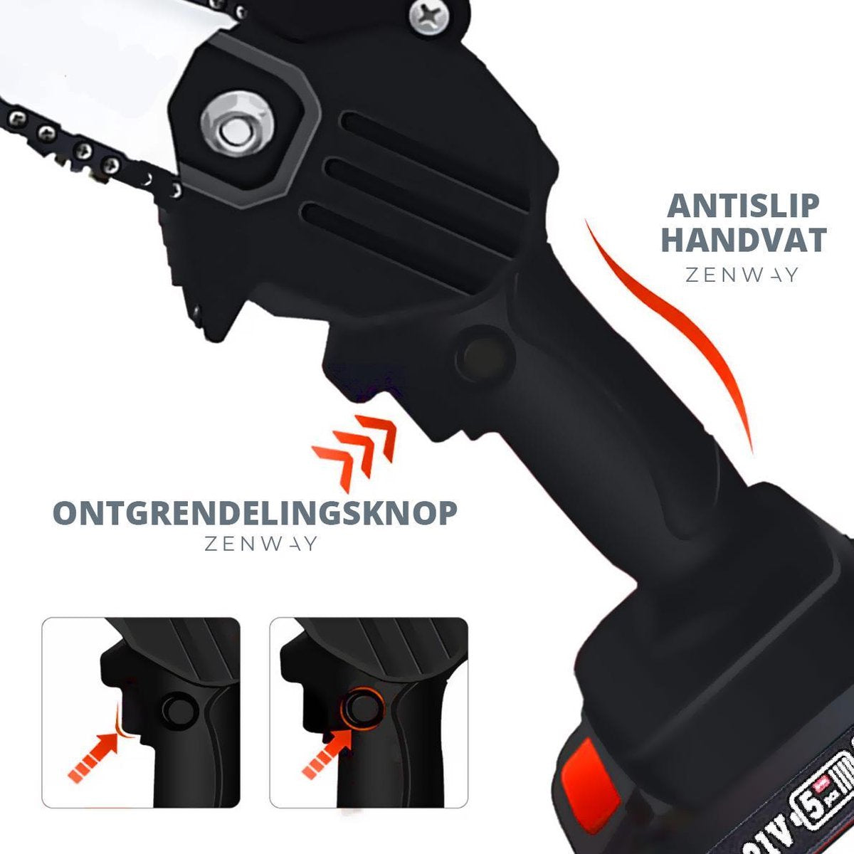  Zenway - Mini Kettingzaag - Snoeizaag - Kettingzaag - Kettingzaag Elektrisch Met 1 Accu- Inclusief Koffer - 1 Extra Accu - Zwart
