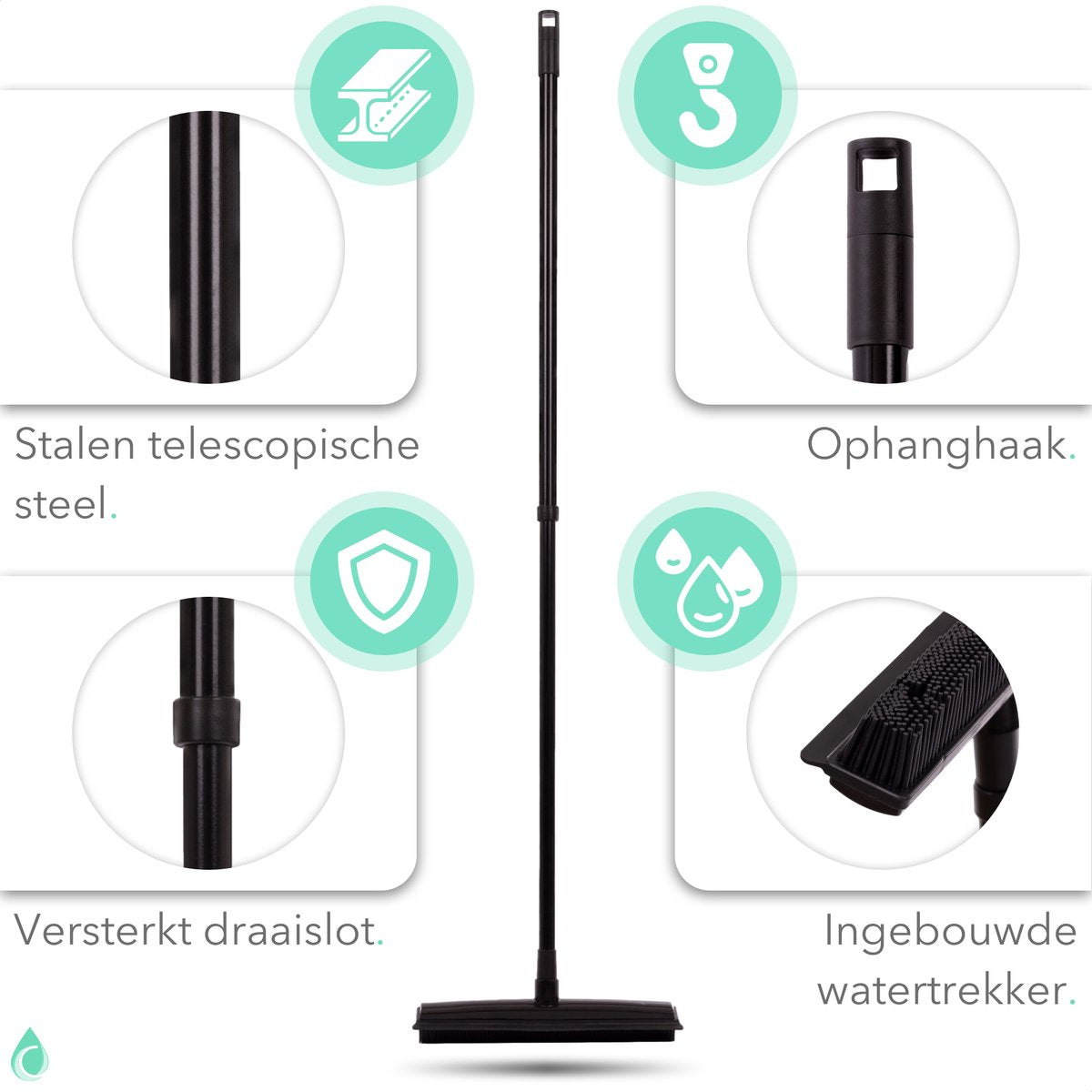  CLEANLY® Rubberen Bezem Met Vloerwisser – Kappersbezem – Zachte Bezem Binnen &amp; Buiten – Vloertrekker Met Steel – 68-120 Cm