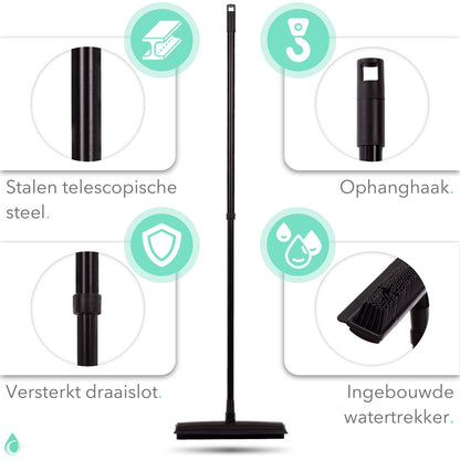 CLEANLY® Rubberen Bezem Met Vloerwisser – Kappersbezem – Zachte Bezem Binnen &amp; Buiten – Vloertrekker Met Steel – 68-120 Cm
