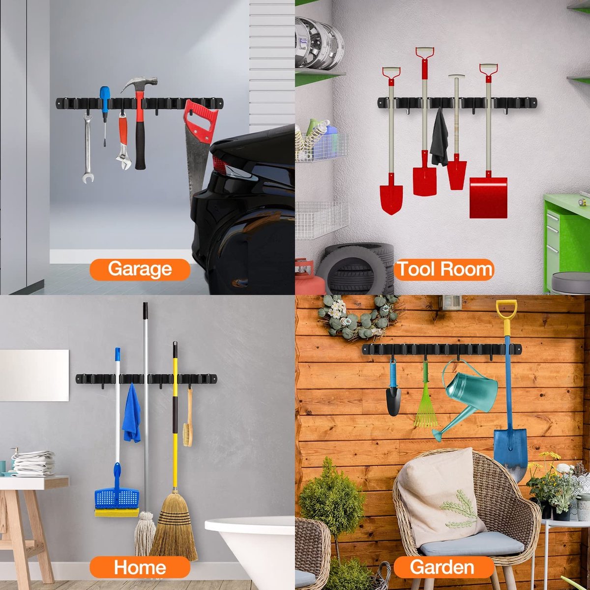  BOTC Bezemhouder - 5 Houders 6 Haken - Gereedschapshouder - Zeflklevend - Bezem Ophangsysteem - Ophanghaken - Tuingereedschap