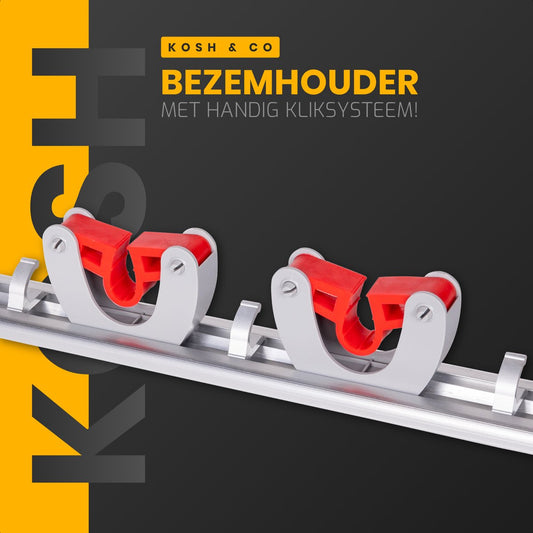 Merkloos Stevige Bezemhouder - Aluminium - Ophangsysteem Bezem - 5 Haken &amp; 4 Houders - Gereedschaphouder - Opbergsysteem
