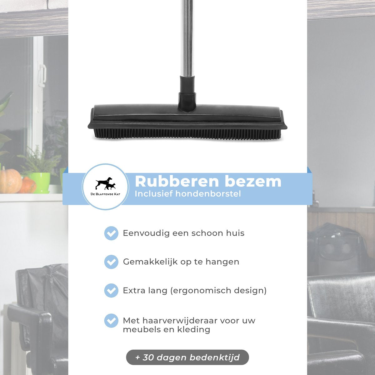  2 In 1 Rubberen Bezem – Bezem Binnen &amp; Buiten – Vloerwisser Met Steel - Met Huisdierhaar Verwijderaar - Vloertrekker – Veger - Extra Lang 160cm
