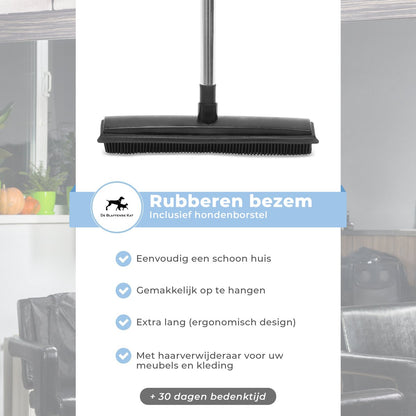  2 In 1 Rubberen Bezem – Bezem Binnen &amp; Buiten – Vloerwisser Met Steel - Met Huisdierhaar Verwijderaar - Vloertrekker – Veger - Extra Lang 160cm